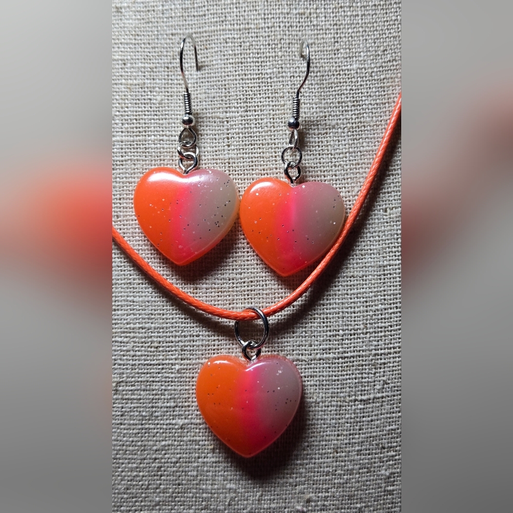 Heart-Shaped Pink and Orange Glittery Necklace & Earrings Set